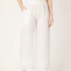 White White Embroidered Cotton Palazzos–Elastic Waist & Ankle-Length with Side Pocket