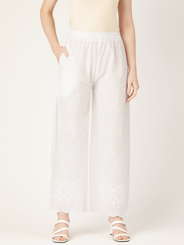 White White Embroidered Cotton Palazzos–Elastic Waist & Ankle-Length with Side Pocket