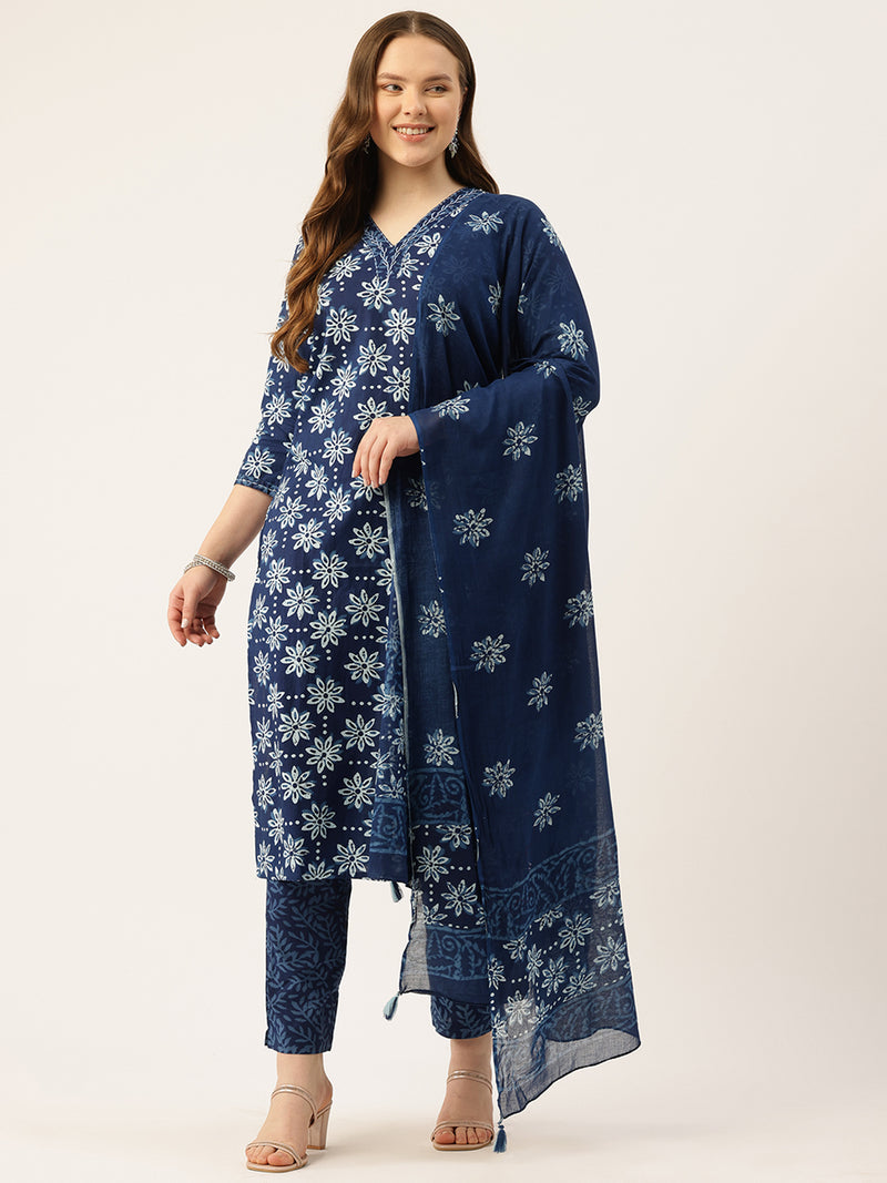 Straight Dupatta Sets - V-Neck, 3/4 Sleeves with Border Detailing, Elastic Waistband Pants with Pockets & Full-Length Dupatta (M-XXL)