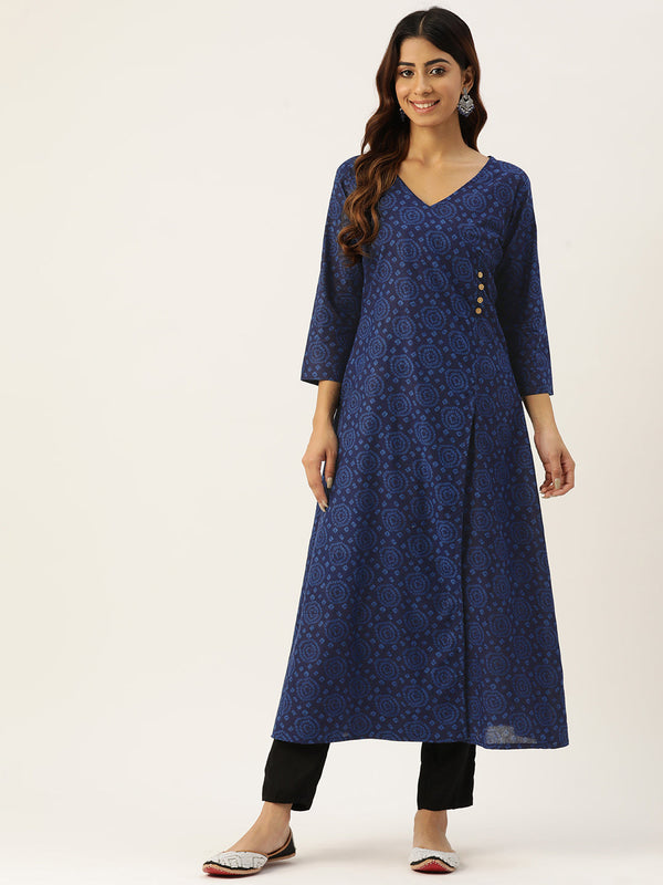 Floral Print 4 Button Angrakha Long Kurti