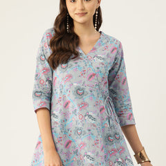 Floral Print Angrakha 3\4 Sleeves Flared Kurti