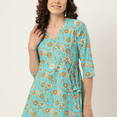 Floral Print Angrakha 3\4 Sleeves Flared Kurti