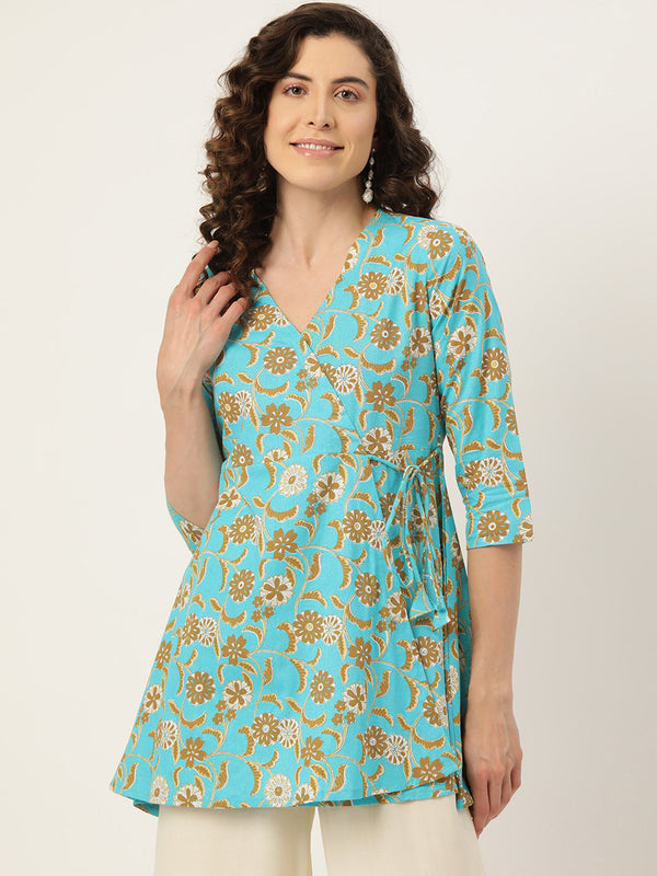 Floral Print Angrakha 3\4 Sleeves Flared Kurti
