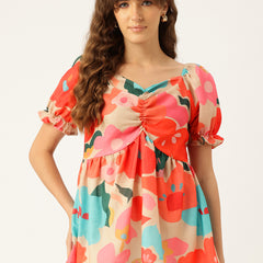 Cropped v-neck peplum puff sleeved top with digital print on linen fabric.