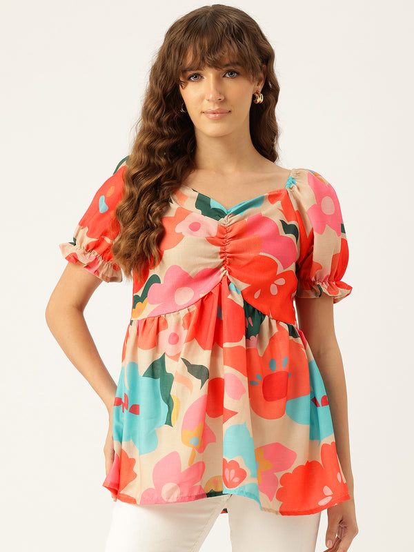 Cropped v-neck peplum puff sleeved top with digital print on linen fabric.