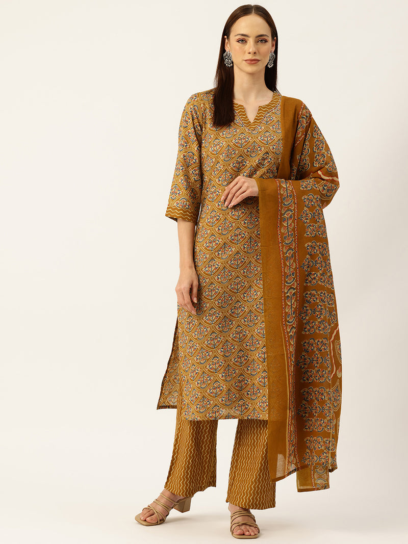 Round V-Cut Neck 3-Piece Kurta Set with Ankle-Length Pants & Full-Length Dupatta (Size S-XXL).