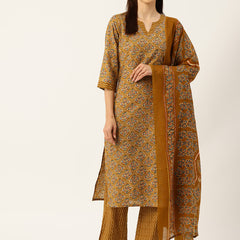 Round V-Cut Neck 3-Piece Kurta Set with Ankle-Length Pants & Full-Length Dupatta (Size S-XXL).