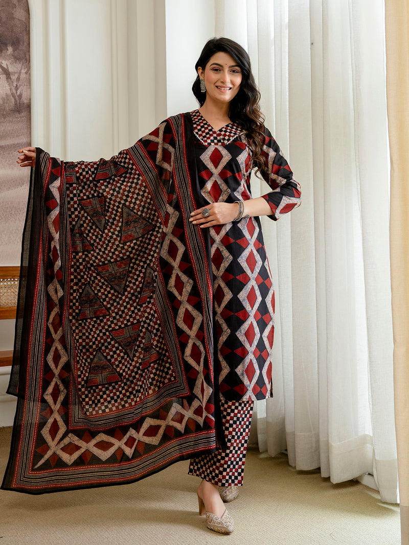 Bordered V-Neck 3-Piece Kurta Set with Ankle-Length Pants & Full-Length Dupatta (M–XXL)