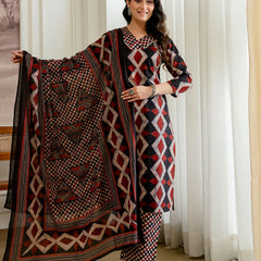 Bordered V-Neck 3-Piece Kurta Set with Ankle-Length Pants & Full-Length Dupatta (M–XXL)