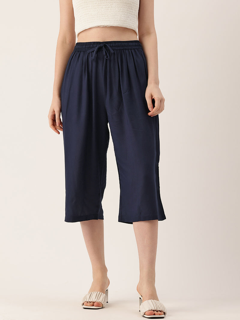 Women's Culottes | Calf-Length Pants with Double Pockets & Elastic Waistband