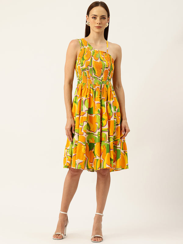 Women’s Rayon One-Shoulder Dress with Smocked Bodice & Flared Skirt – Bright Summer Colors