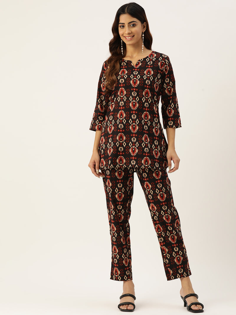 Black Printed Cotton Night Suit with V-Neck Kurti & Ankle-Length Pants
