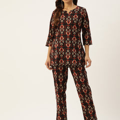 Black Printed Cotton Night Suit with V-Neck Kurti & Ankle-Length Pants