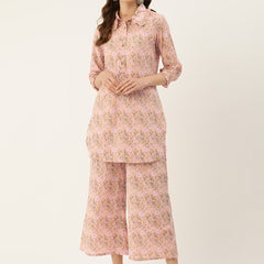 Pink Elegant Collared Co-Ord Set with Frill Detail & Elasticated Pants