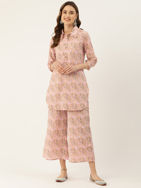 Pink Elegant Collared Co-Ord Set with Frill Detail & Elasticated Pants