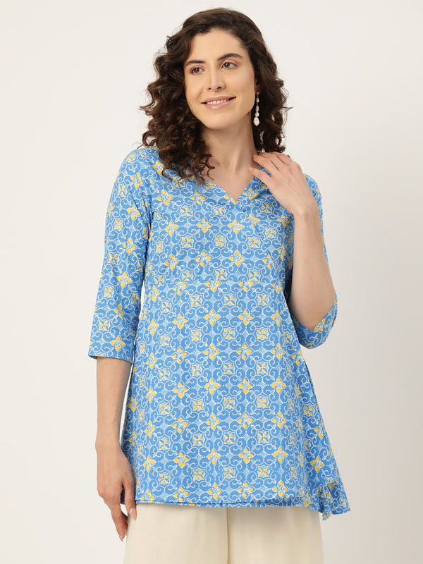 Floral Print Angrakha 3\4 Sleeves Flared Kurti