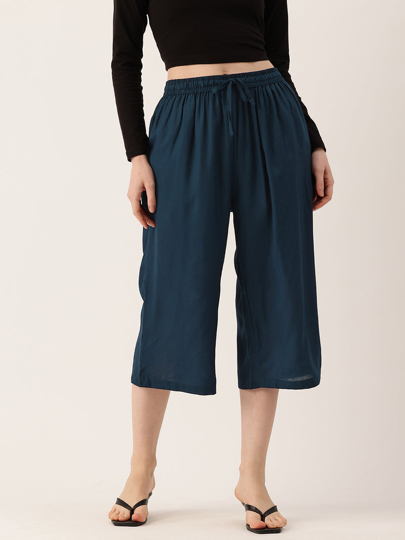 Women's Culottes | Calf-Length Pants with Double Pockets & Elastic Waistband