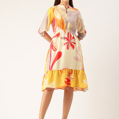 Women’s Multi-Color Muslin Floral Dress with Mandarin Collar & 3/4 Smocked Sleeves