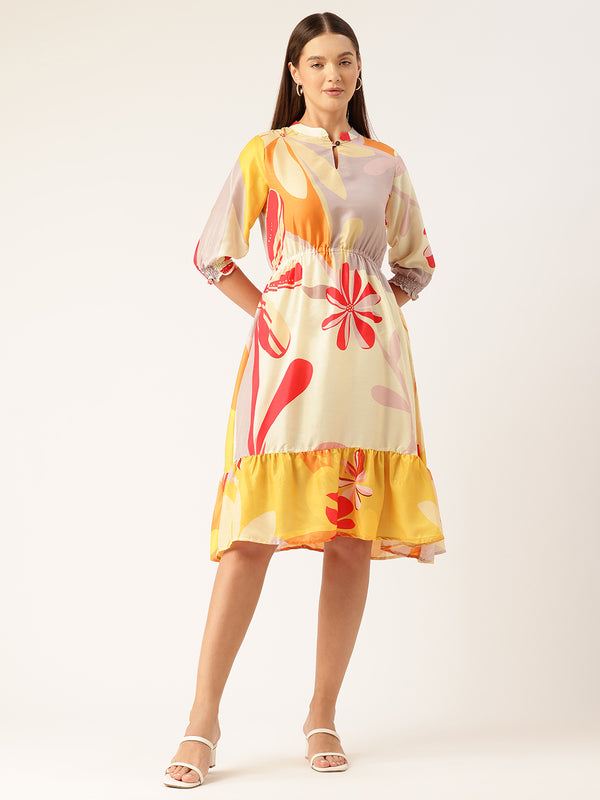 Women’s Multi-Color Muslin Floral Dress with Mandarin Collar & 3/4 Smocked Sleeves