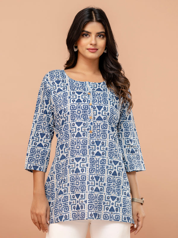 Chic Printed Short Kurti with Round Neck & 3/4 Sleeves