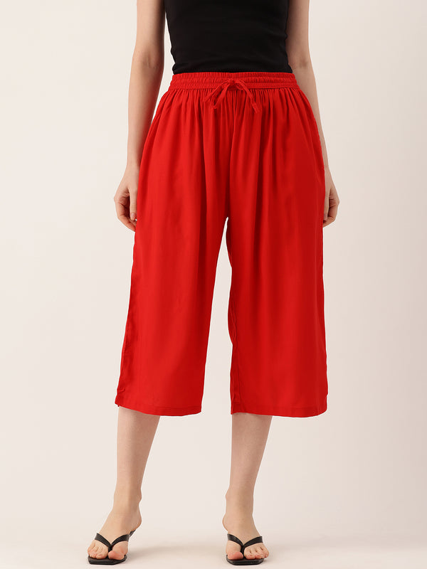 Women's Culottes | Calf-Length Pants with Double Pockets & Elastic Waistband