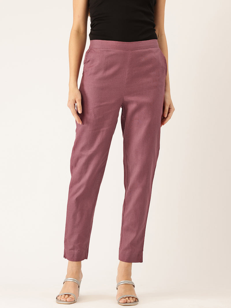 Women's Cotton Pants - Double Pockets, Adjustable Waist, and Ankle-Length Fit
