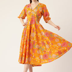 Women's Pure Cotton Floral Printed A-Line Gown with 3/4 Puff Sleeves & V-Neck