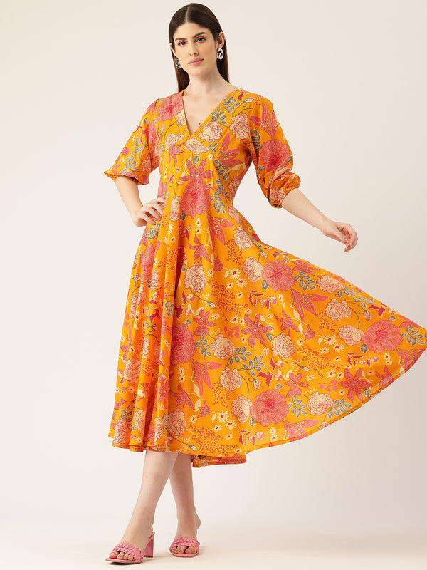 Women's Pure Cotton Floral Printed A-Line Gown with 3/4 Puff Sleeves & V-Neck