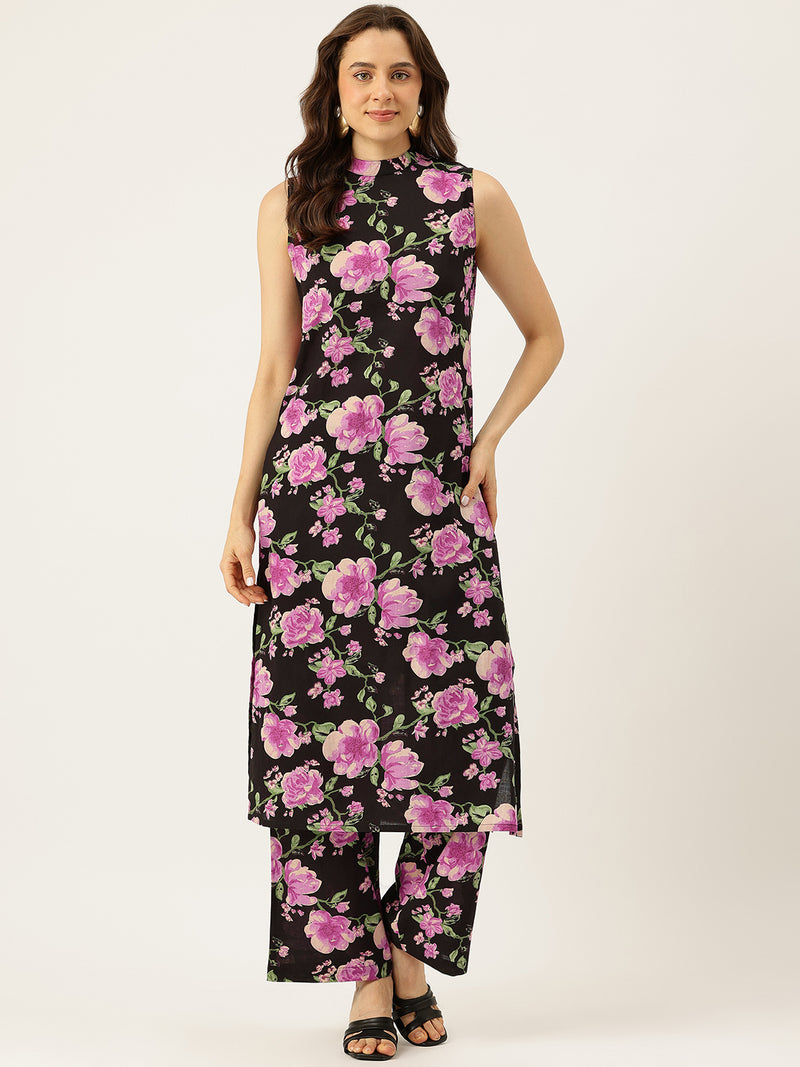 Floral Sleeveless Cotton Co-Ord Set with Choker Neckline – Pure Cotton | Sizes S–XXL