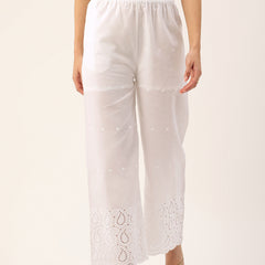 White Embroidered Palazzos–Fully Lined, Elastic Waist & Ankle-Length with Side Pocket
