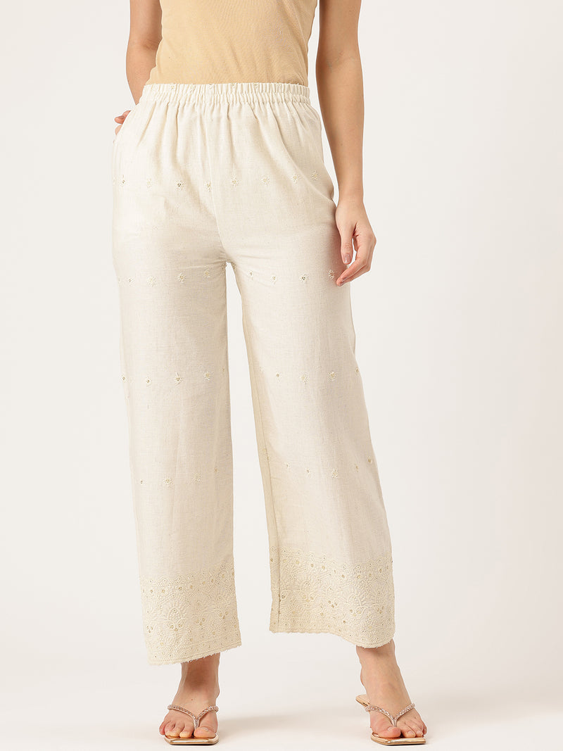Beige Beige Palazzo|Embroidered, Flax Cotton, Sequin Detail, Ankle-Length, Single Pocket