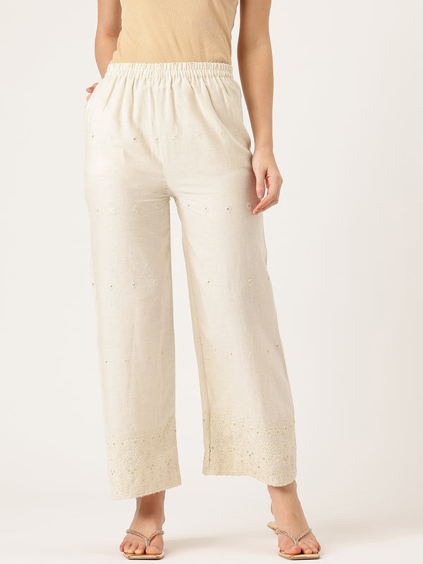 Beige Beige Palazzo|Embroidered, Flax Cotton, Sequin Detail, Ankle-Length, Single Pocket