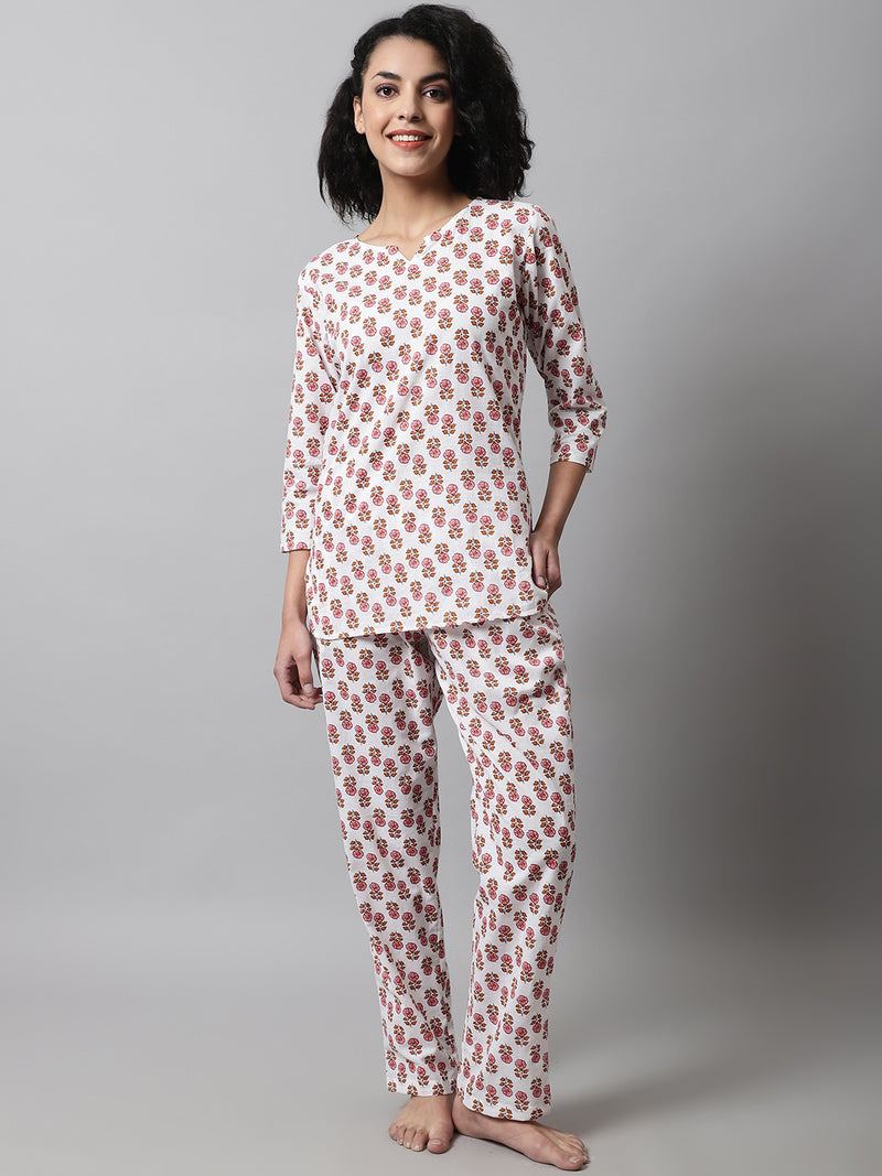 White Printed Cotton Night Suit with V-Neck Kurti & Ankle-Length Pants