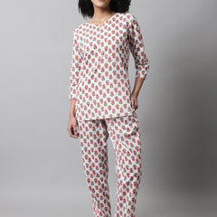 White Printed Cotton Night Suit with V-Neck Kurti & Ankle-Length Pants