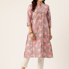 Elegant A-Line Long Kurta for Women - Mandarin Collar with Button Detailing