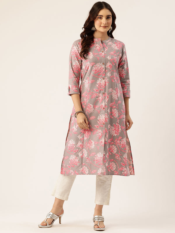Elegant A-Line Long Kurta for Women - Mandarin Collar with Button Detailing
