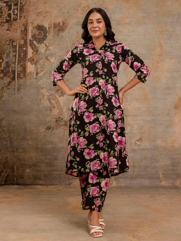 Black Women’s Co-Ord Set–Printed Collared Kurta with 3/4 Sleeves & Elastic Waist Pants