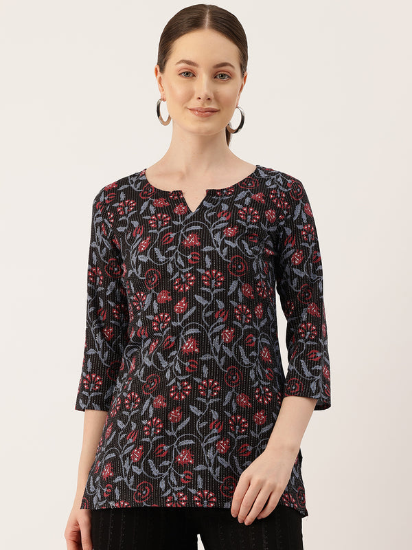 3/4 Sleeve Round Neck Vcut top Black1 Colour