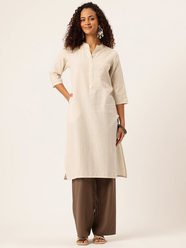 Women’s Solid Long Kurti with Mandarin Collar, 3/4 Sleeves & Pocket | Plain Elegant Cotton Kurta for Daily & Office Wear
