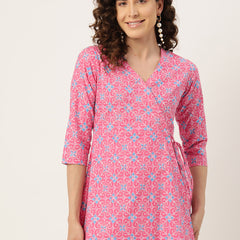 Floral Print Angrakha 3\4 Sleeves Flared Kurti