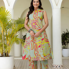 Luxury Mandarin Collar Printed Co-Ord Set with Button Detail A-Line Kurta & Comfort Fit Pants