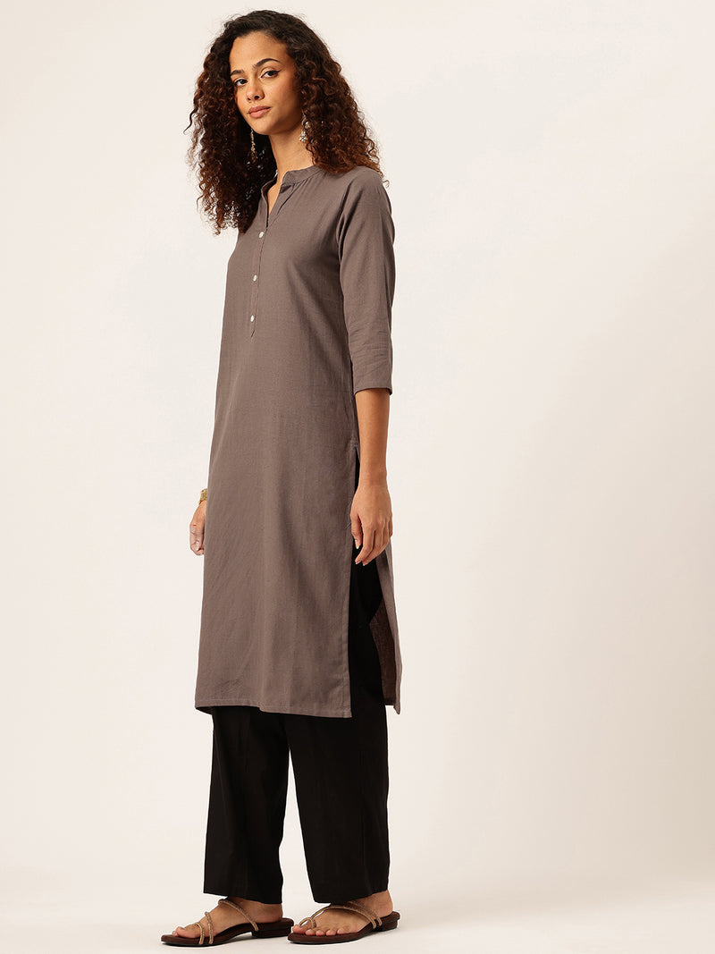 Women’s Solid Long Kurti with Mandarin Collar, 3/4 Sleeves & Pocket | Plain Elegant Cotton Kurta for Daily & Office Wear