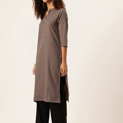 Women’s Solid Long Kurti with Mandarin Collar, 3/4 Sleeves & Pocket | Plain Elegant Cotton Kurta for Daily & Office Wear