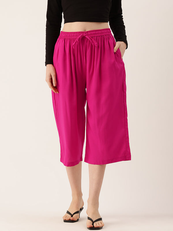 Women's Culottes | Calf-Length Pants with Double Pockets & Elastic Waistband