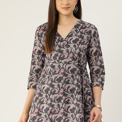 Floral Print Angrakha 3\4 Sleeves Flared Kurti