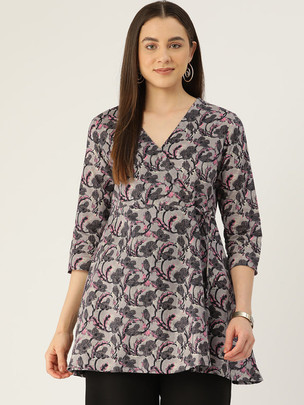 Floral Print Angrakha 3\4 Sleeves Flared Kurti
