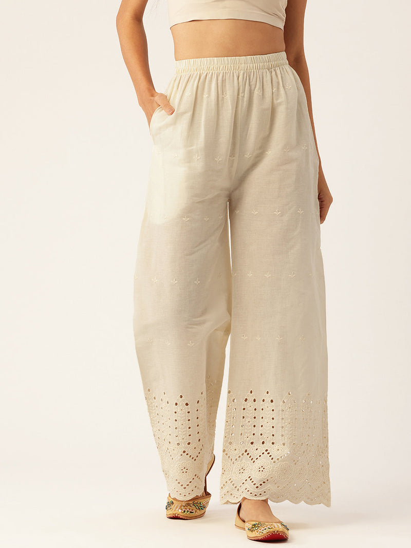 Beige Palazzos | Embroidered Elegnace With Elastic Waist & Single Pocket