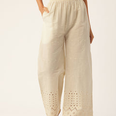 Beige Palazzos | Embroidered Elegnace With Elastic Waist & Single Pocket