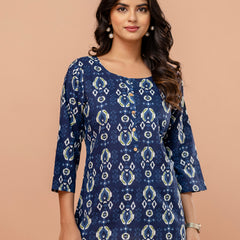 Chic Printed Short Kurti with Round Neck & 3/4 Sleeves