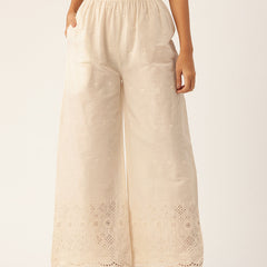 Beige Palazzos | Embroidered Elegnace With Elastic Waist & Single Pocket